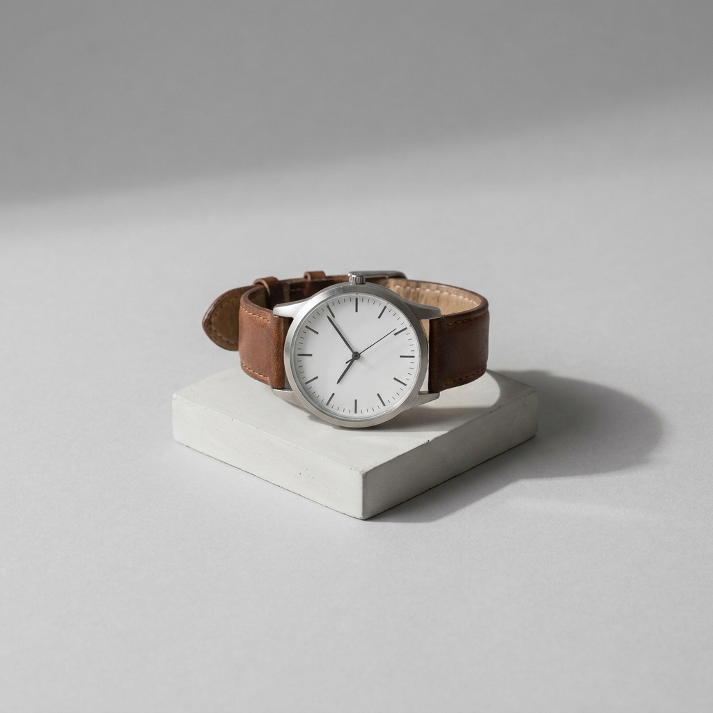 Leather watch resting on a small square pale grey plaster plinth in front of a plain grey backdrop
