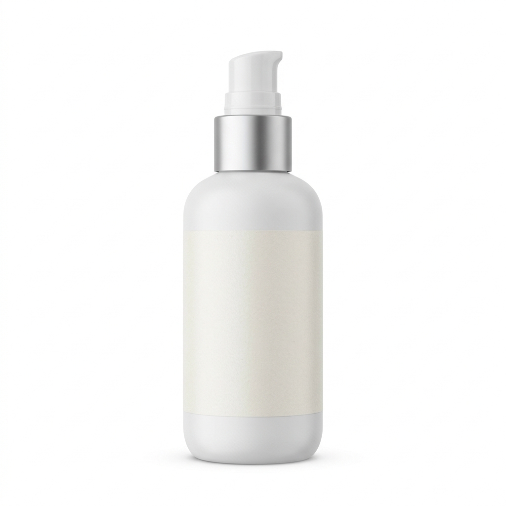 White cosmetic pump bottle with a silver collar and a blank label, upright on pure white with a soft contact shadow
