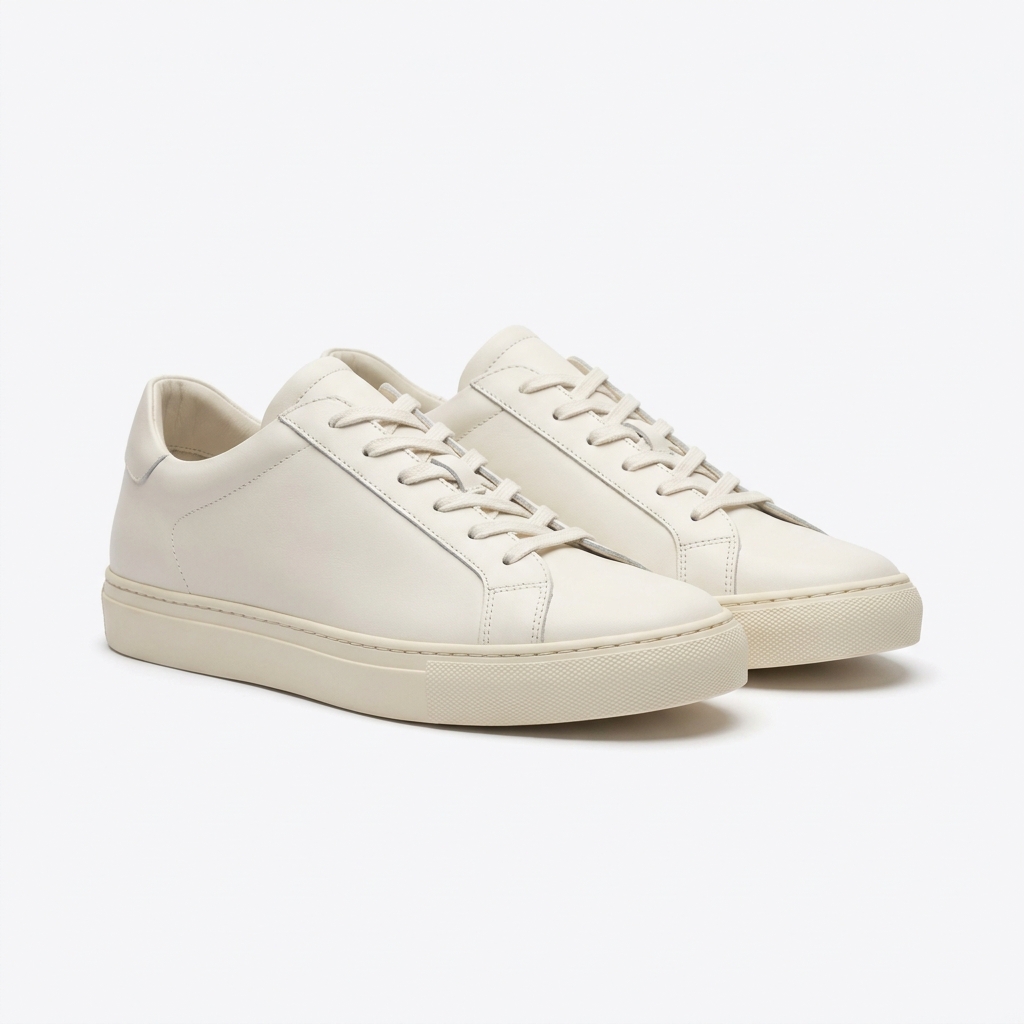 Bone white leather trainers photographed in three-quarter view on pure white, with a soft contact shadow under both soles