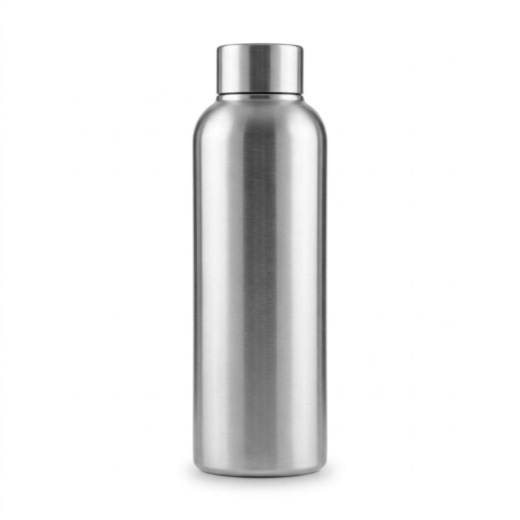 Brushed stainless insulated water bottle standing on pure white, with clean vertical highlights running down the metal body