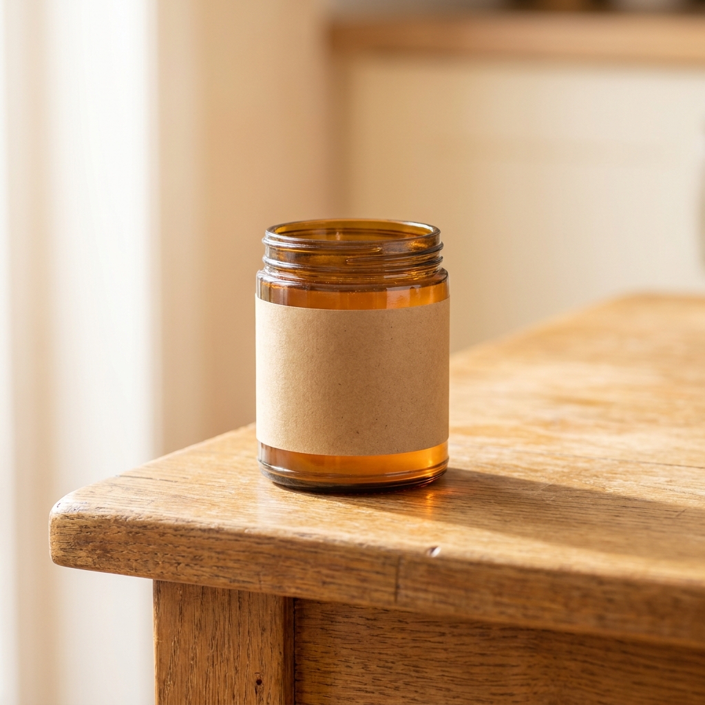 Amber glass honey jar with a blank kraft label standing on a warm oak table with visible grain