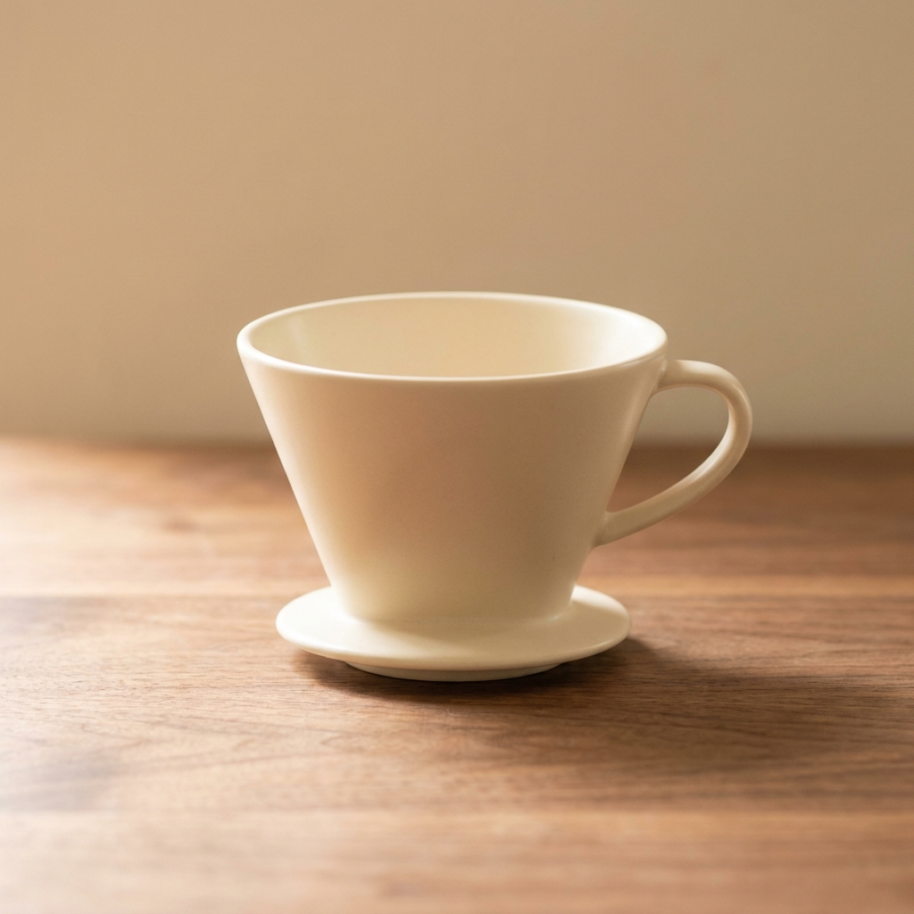 Matte cream ceramic pour-over coffee dripper resting on a walnut worktop, with the dark grain running behind it