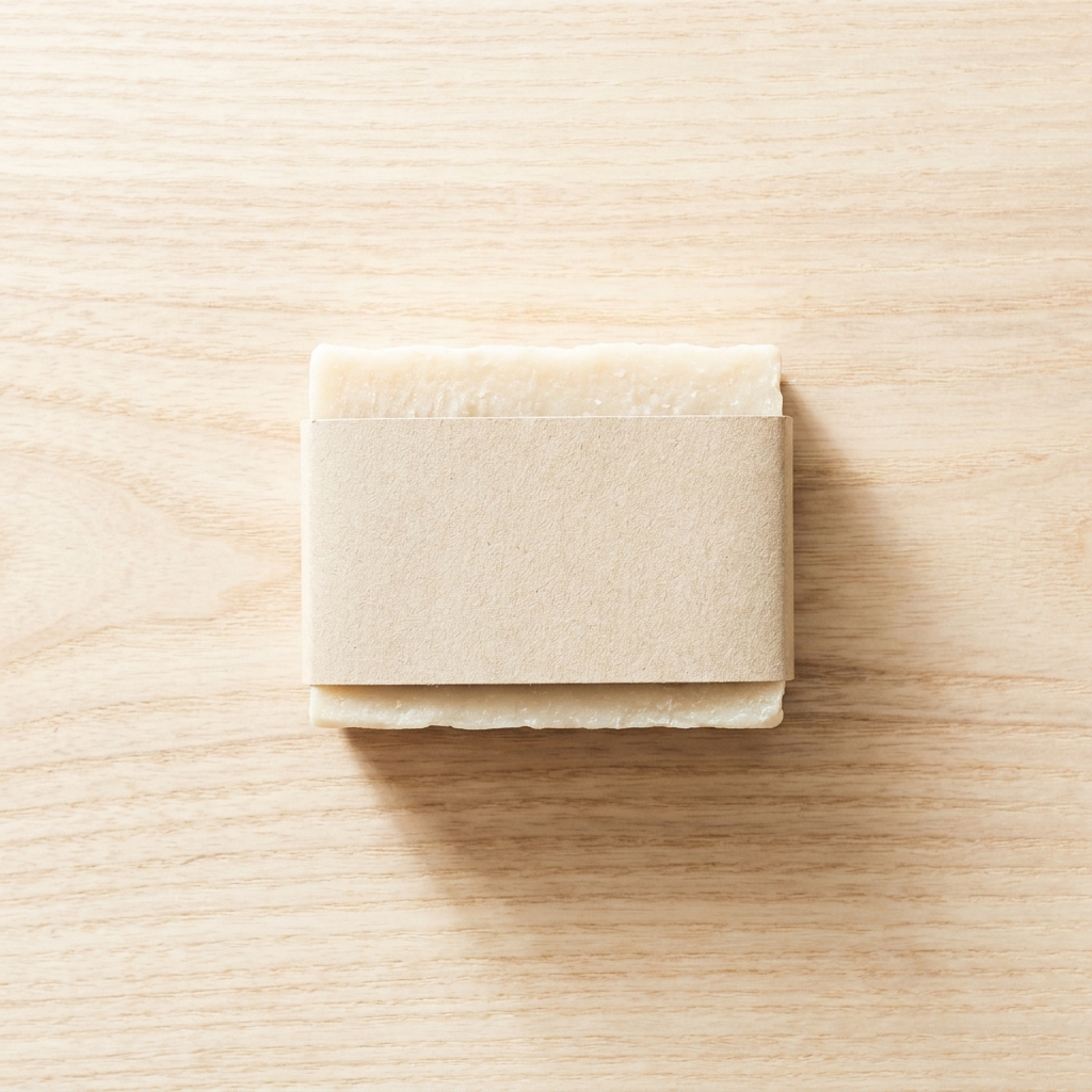 Bar of natural soap in a blank paper wrap, photographed from above on a light ash wood board