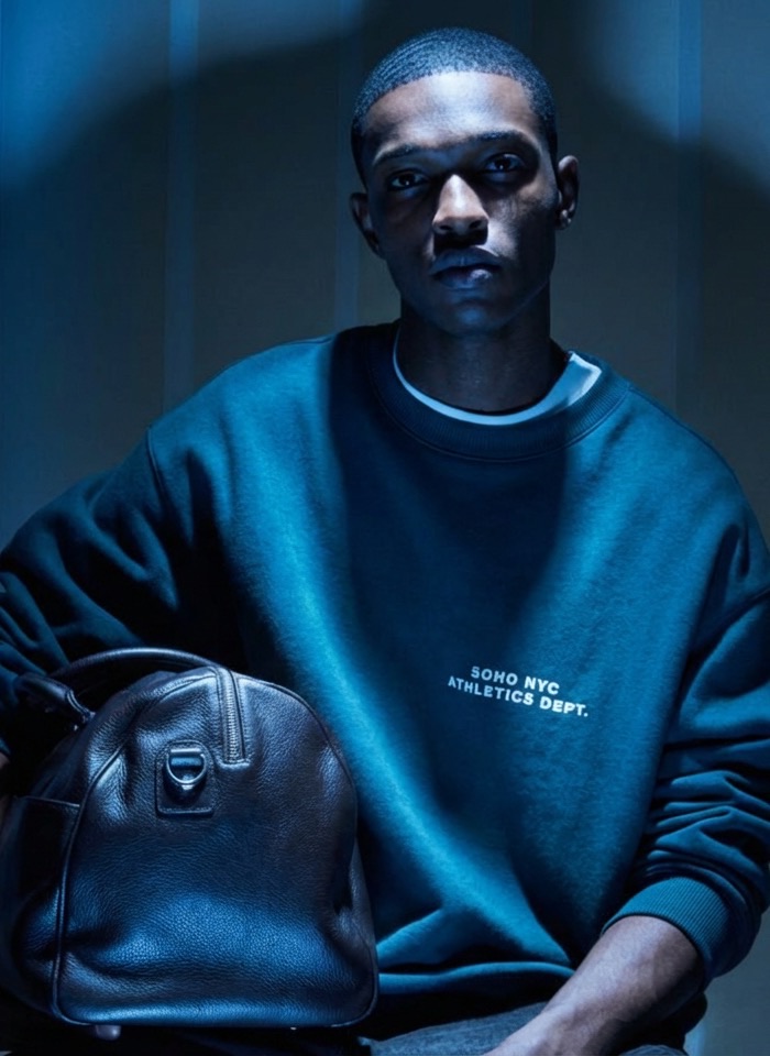 KI-Kampagnenfoto: Model im türkisfarbenen Sweatshirt mit Ledertasche