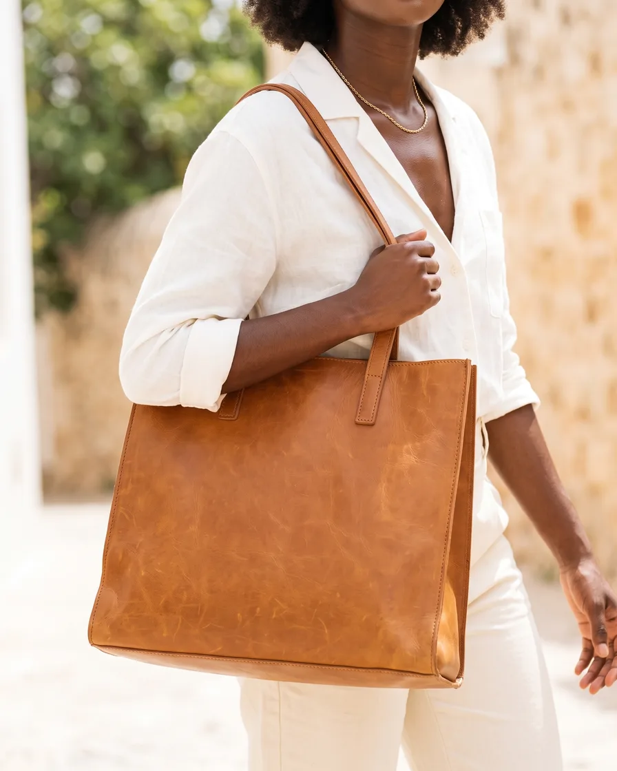 A phone photo of a tan leather tote on a linen armchair, then the same tote made with AI: a packshot, five scenes, two on-model shots, a flat lay and three crops