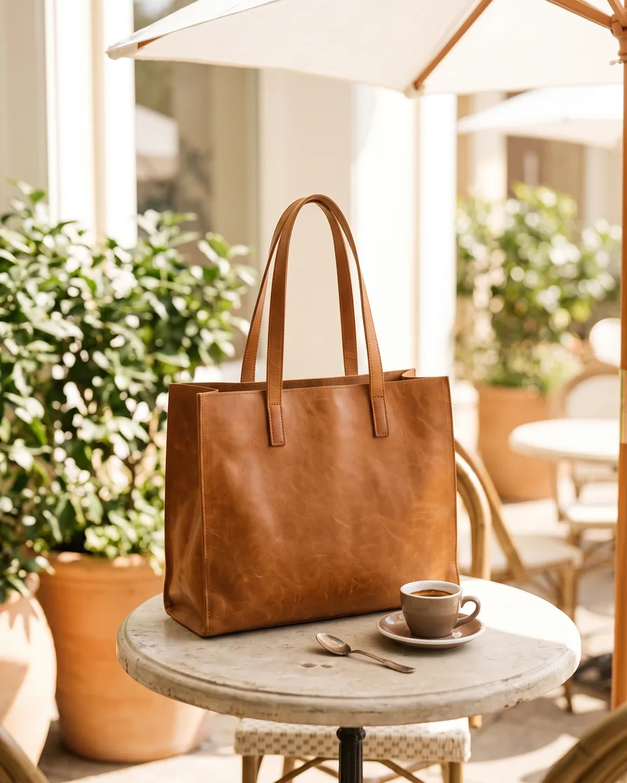A phone photo of a tan leather tote on a linen armchair, then the same tote made with AI: a packshot, five scenes, two on-model shots, a flat lay and three crops