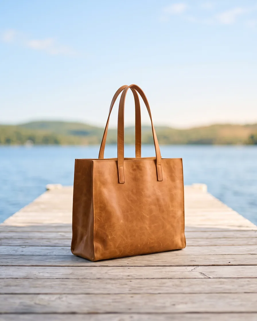 A phone photo of a tan leather tote on a linen armchair, then the same tote made with AI: a packshot, five scenes, two on-model shots, a flat lay and three crops