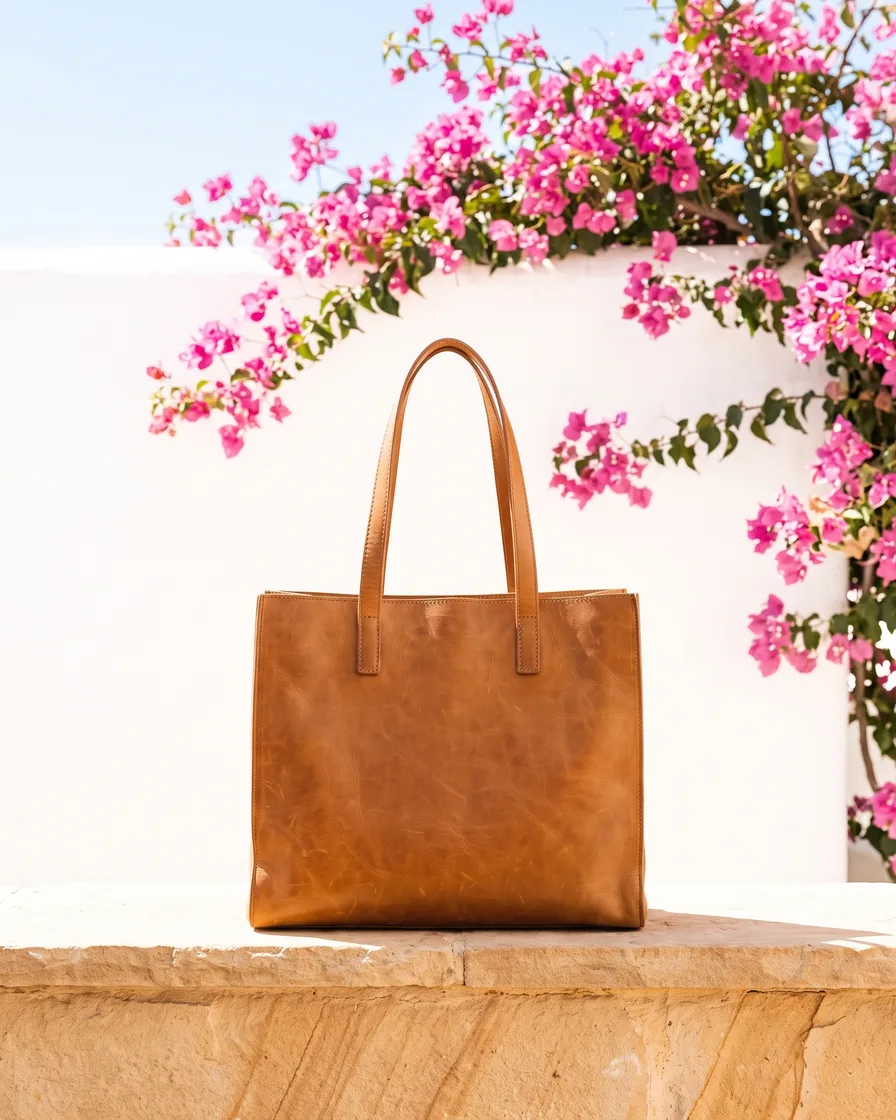 A phone photo of a tan leather tote on a linen armchair, then the same tote made with AI: a packshot, five scenes, two on-model shots, a flat lay and three crops