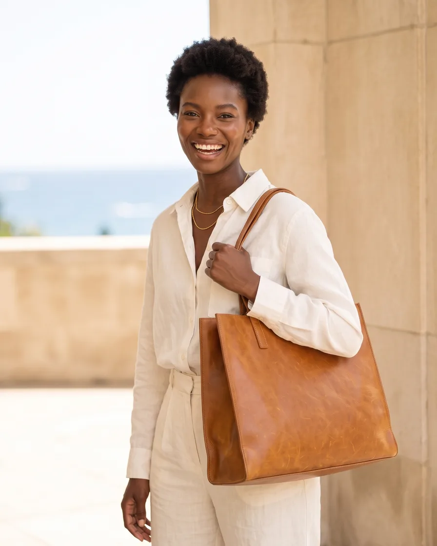 A phone photo of a tan leather tote on a linen armchair, then the same tote made with AI: a packshot, five scenes, two on-model shots, a flat lay and three crops
