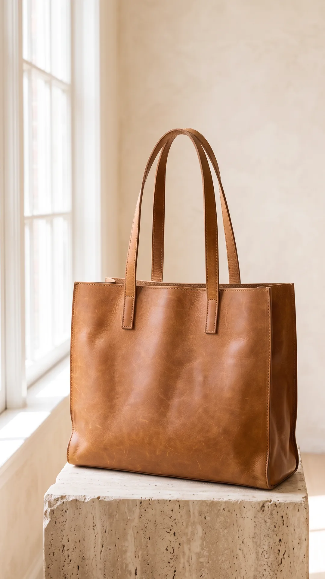 A phone photo of a tan leather tote on a linen armchair, then the same tote made with AI: a packshot, five scenes, two on-model shots, a flat lay and three crops
