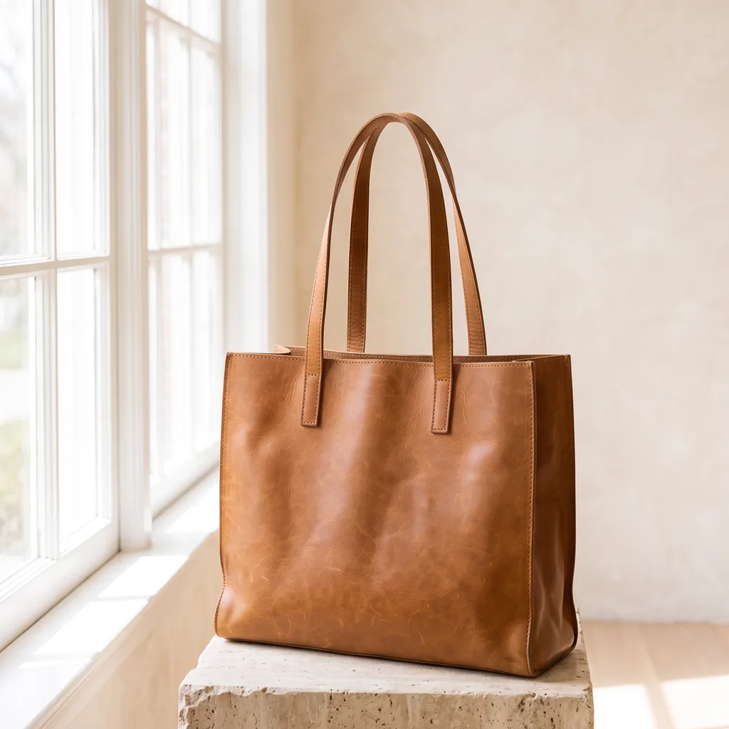 A phone photo of a tan leather tote on a linen armchair, then the same tote made with AI: a packshot, five scenes, two on-model shots, a flat lay and three crops
