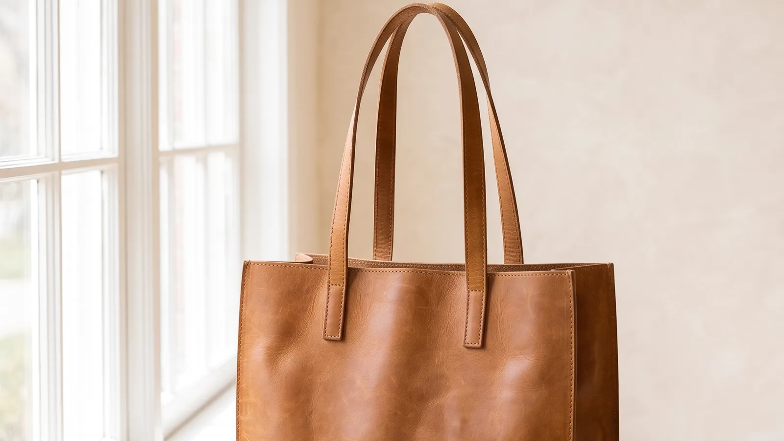 A phone photo of a tan leather tote on a linen armchair, then the same tote made with AI: a packshot, five scenes, two on-model shots, a flat lay and three crops
