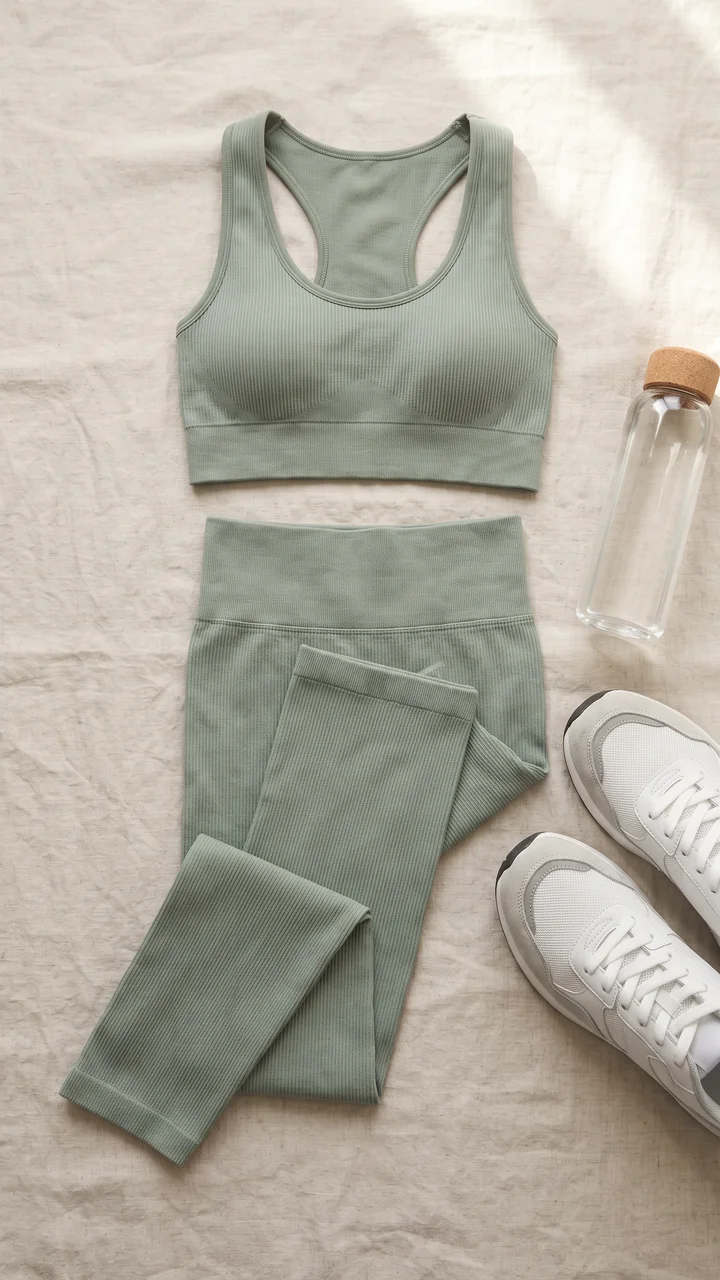 A sage sports set laid flat with white trainers and a water bottle, made with AI
