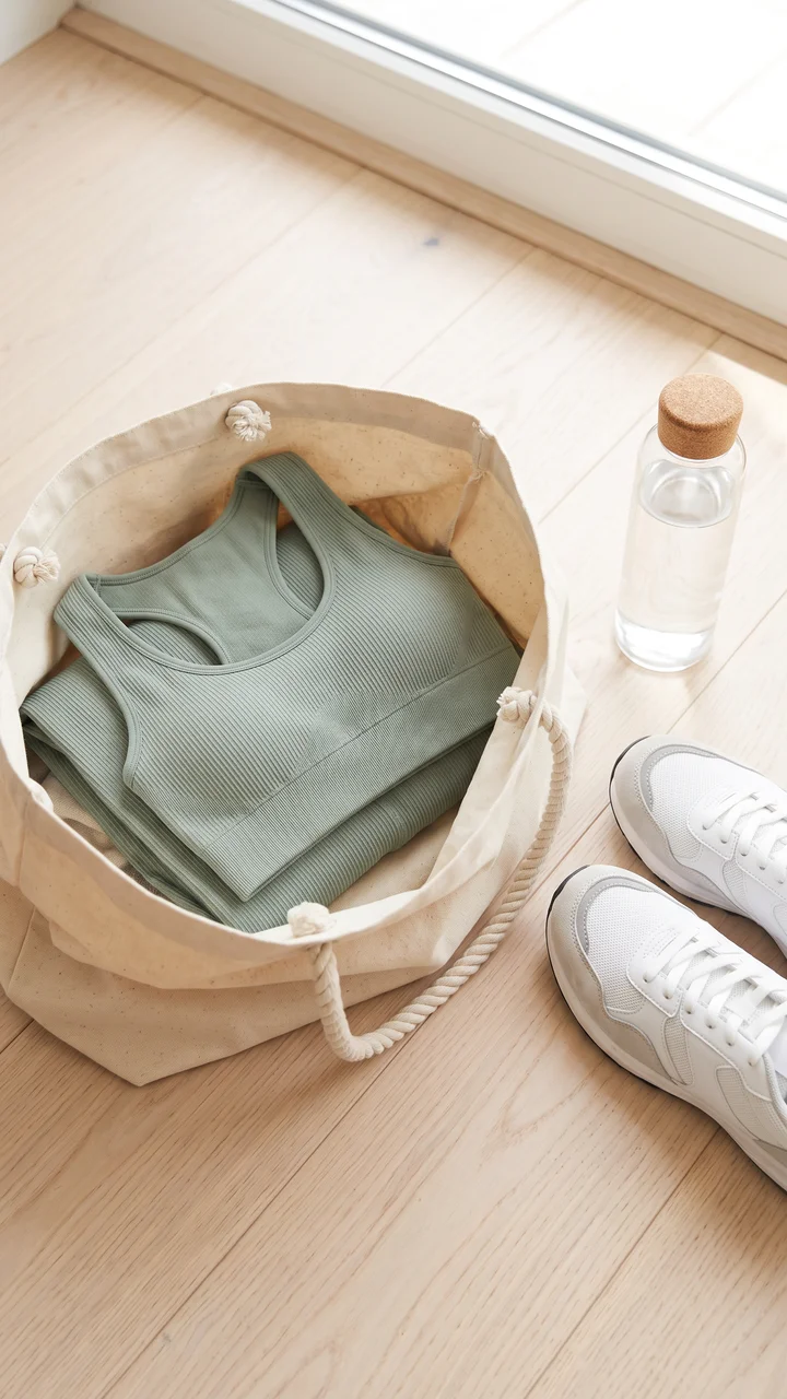 A sage sports set folded in a canvas gym bag with white trainers, made with AI