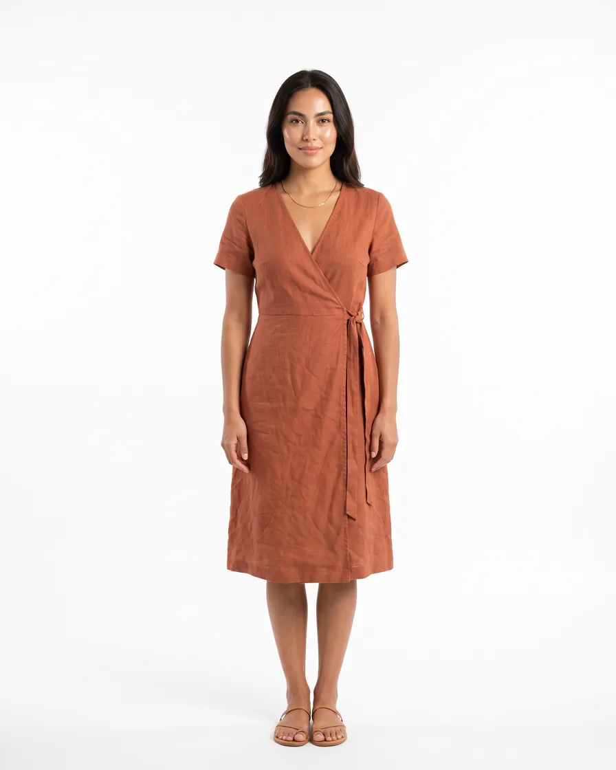 A rust wrap dress laid flat on linen. The dress on a model, front and back, in a studio. The same model in the same dress, scene