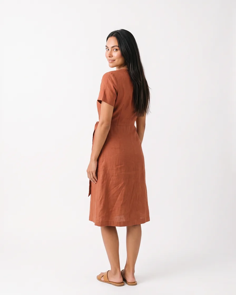A rust wrap dress laid flat on linen. The dress on a model, front and back, in a studio. The same model in the same dress, scene