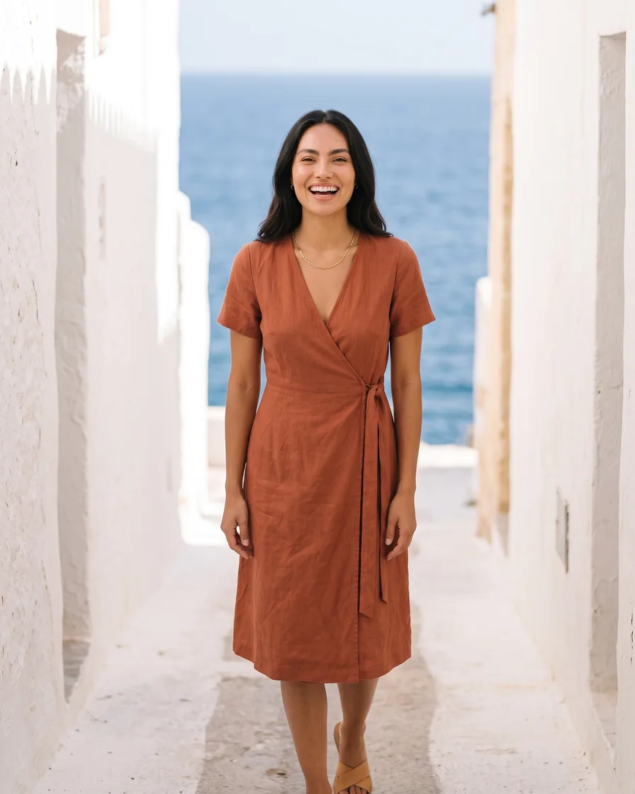The dress on a model, front and back, in a studio