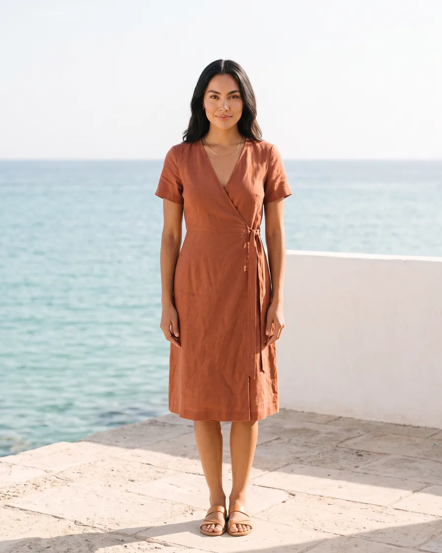 A rust wrap dress laid flat on linen. The dress on a model, front and back, in a studio. The same model in the same dress, scene
