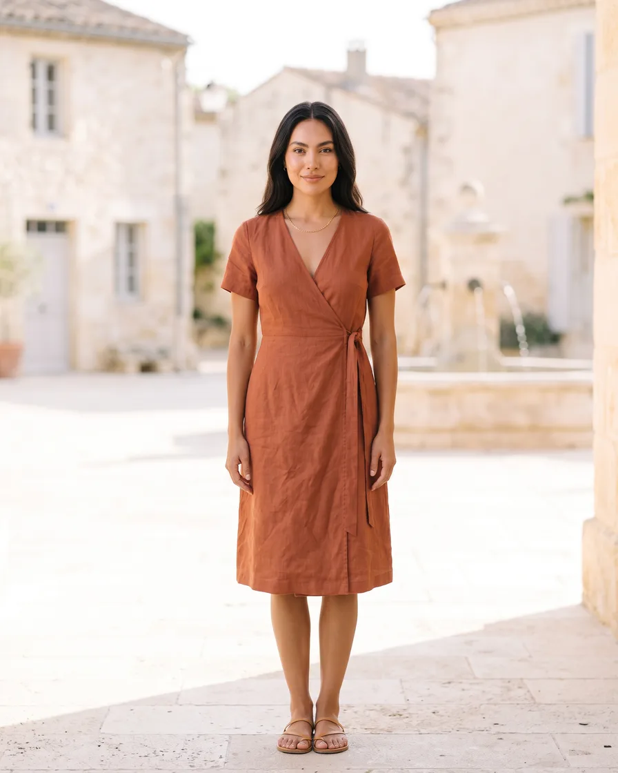 A rust wrap dress laid flat on linen. The dress on a model, front and back, in a studio. The same model in the same dress, scene