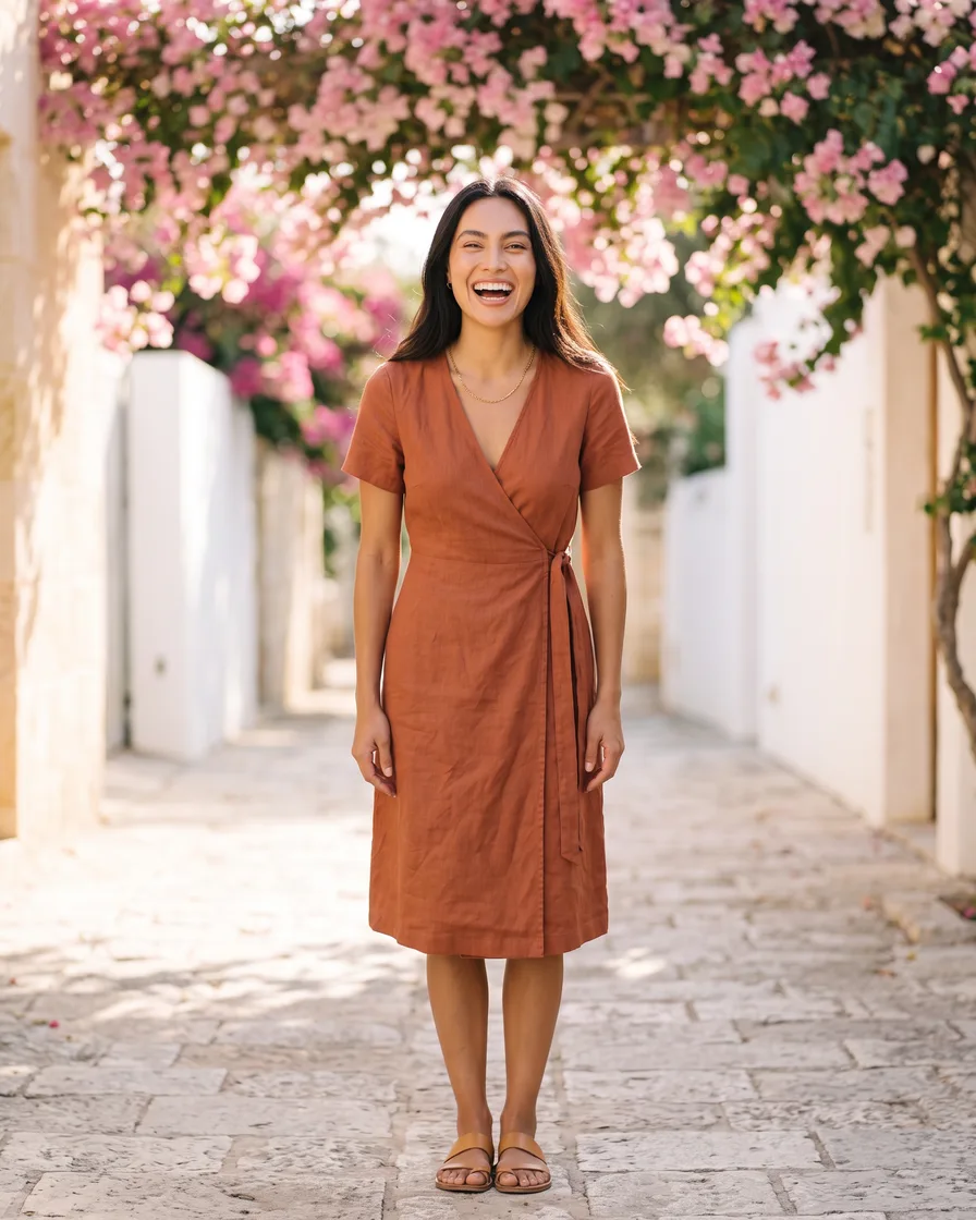 A rust wrap dress laid flat on linen. The dress on a model, front and back, in a studio. The same model in the same dress, scene