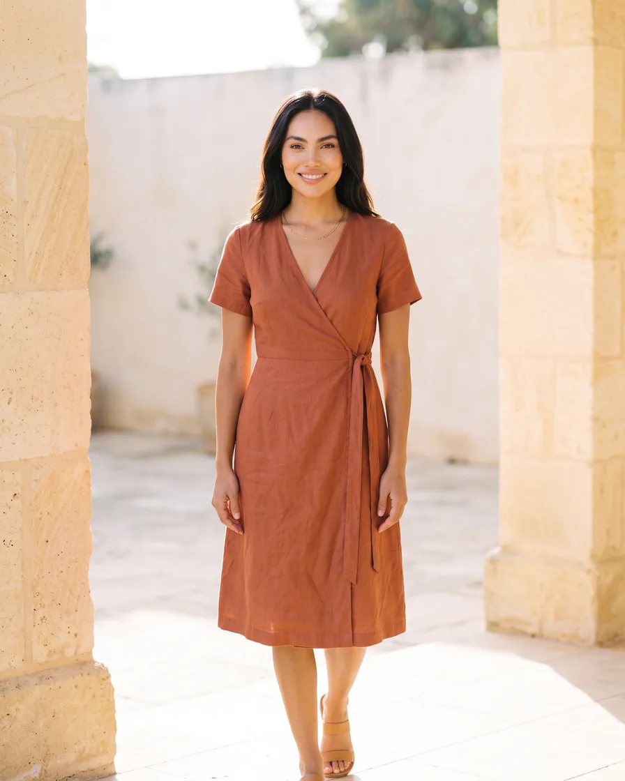 A rust wrap dress laid flat on linen. The dress on a model, front and back, in a studio. The same model in the same dress, scene