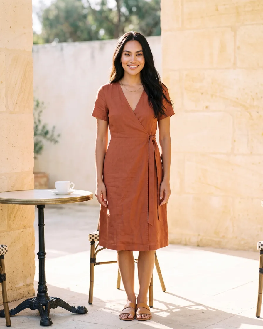 A rust wrap dress laid flat on linen. The dress on a model, front and back, in a studio. The same model in the same dress, scene