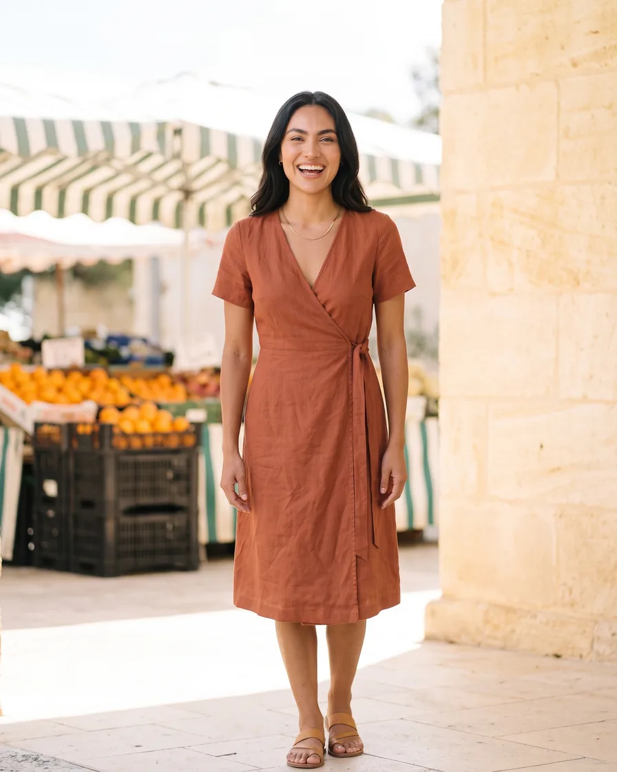 A rust wrap dress laid flat on linen, then the same dress on the same model in six places