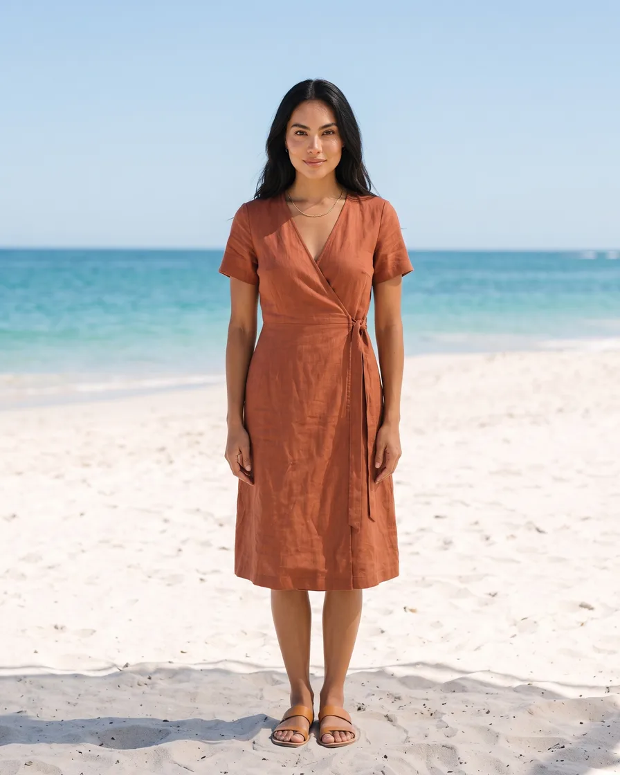 A rust wrap dress laid flat on linen, then the same dress on the same model in six places