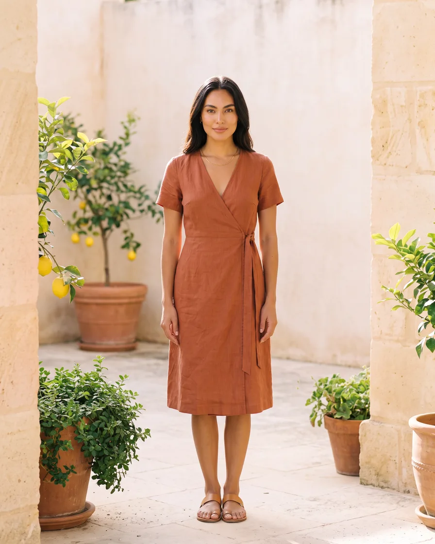 A rust wrap dress laid flat on linen, then the same dress on the same model in six places
