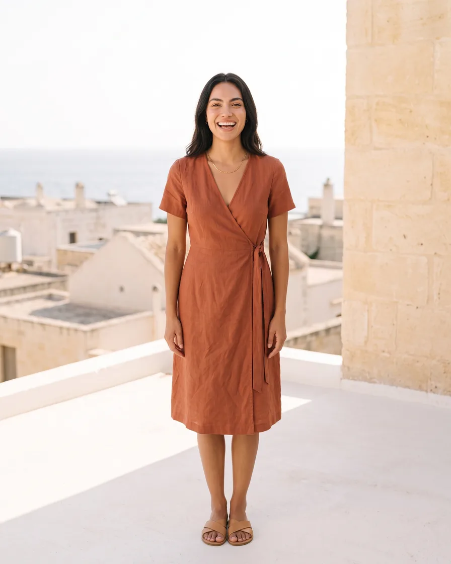 A rust wrap dress laid flat on linen, then the same dress on the same model in six places
