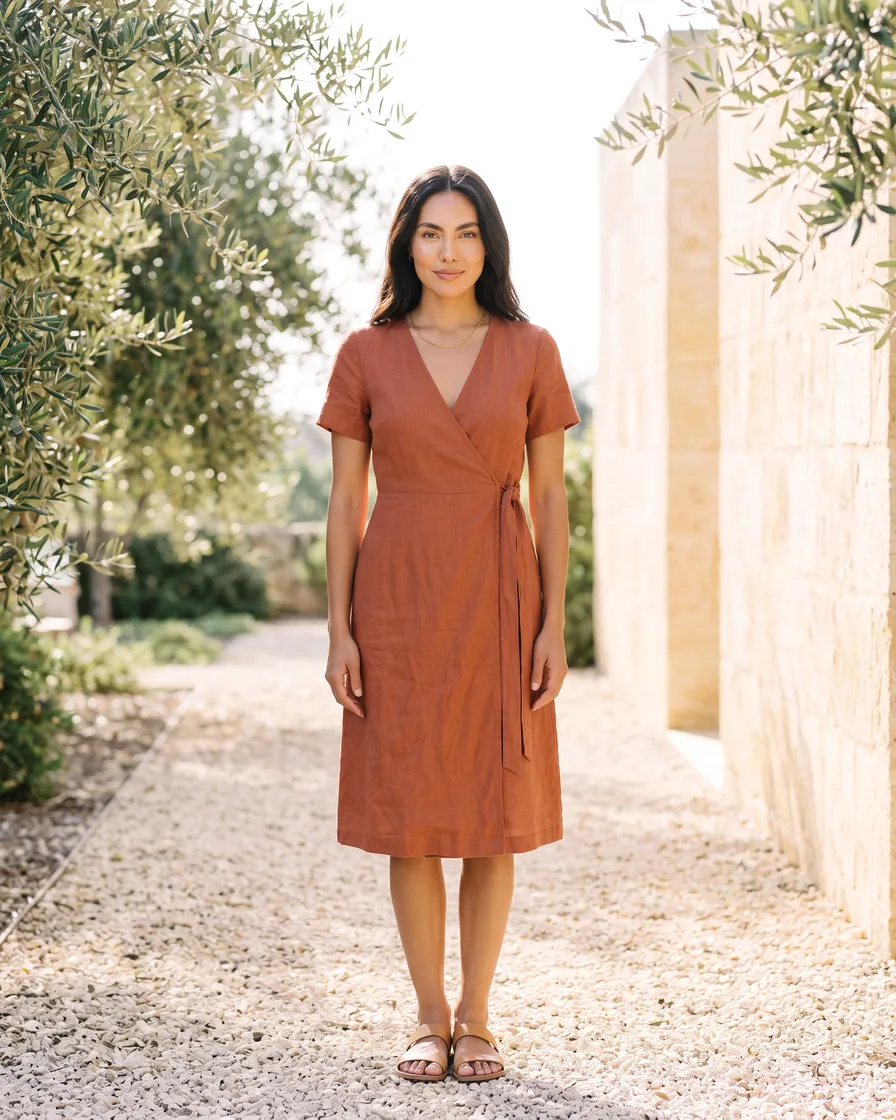 A rust wrap dress laid flat on linen, then the same dress on the same model in six places