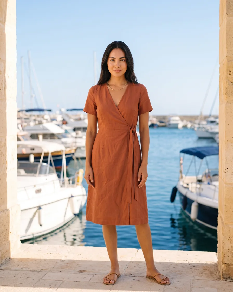 A rust wrap dress laid flat on linen, then the same dress on the same model in six places