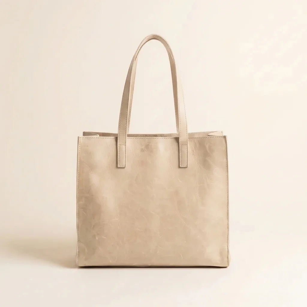 A tan leather tote on white, then the same tote in cream, burgundy and sage