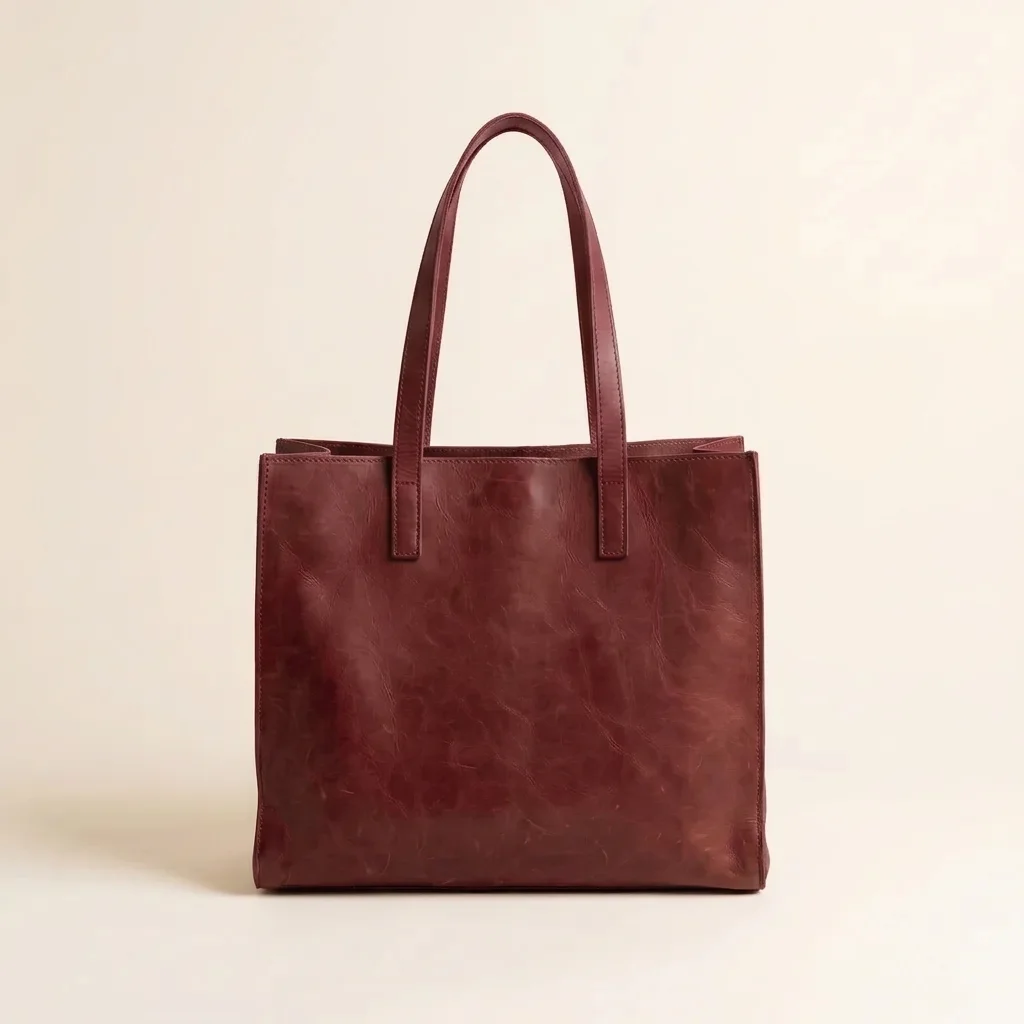 A tan leather tote on white, then the same tote in cream, burgundy and sage
