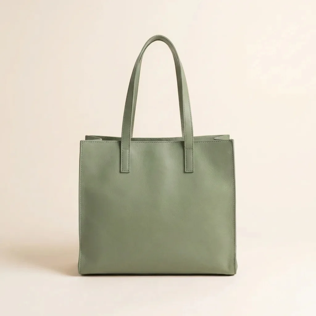 A tan leather tote on white, then the same tote in cream, burgundy and sage