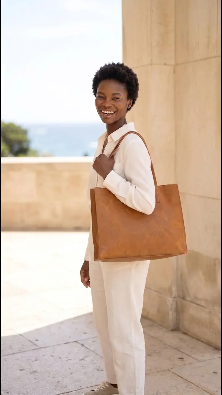 A still of a woman carrying a tan tote, and a frame of the vertical clip made from it