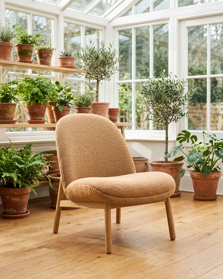 A camel lounge chair in four rooms that share one look: a living room, beside a side table, on a jute rug and in a conservatory