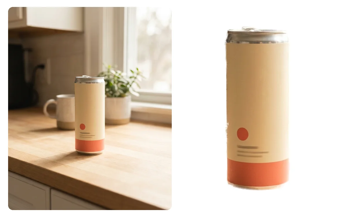 The product cut out on white beside its source photo