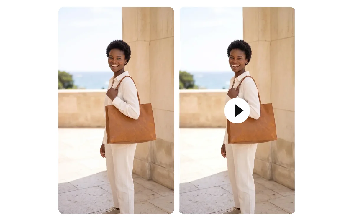 A 9:16 frame from a clip made from a product photo, with the source beside it