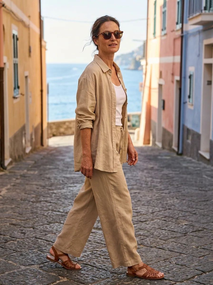 Person wearing the outfit on a sunlit coastal street, made with DesignerBox