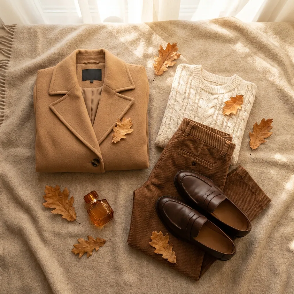A camel coat, a cream knit jumper, brown corduroy trousers and loafers on a blanket with oak leaves