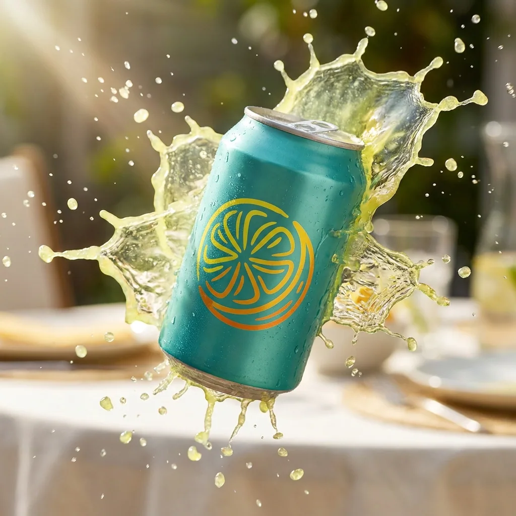 Drinks can caught mid-splash against a pale background, made with DesignerBox