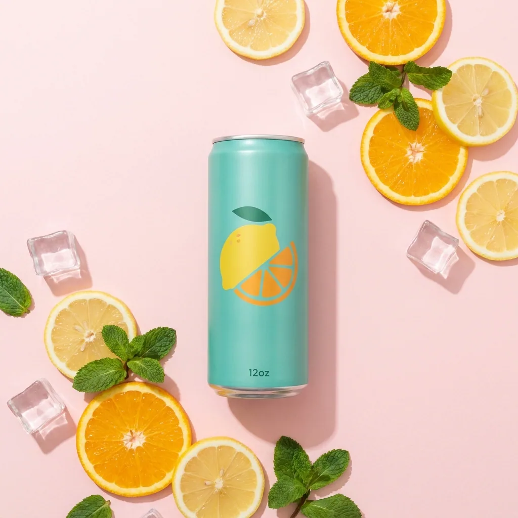 One finished picture: a teal drinks can laid flat on pink with citrus slices, mint and ice
