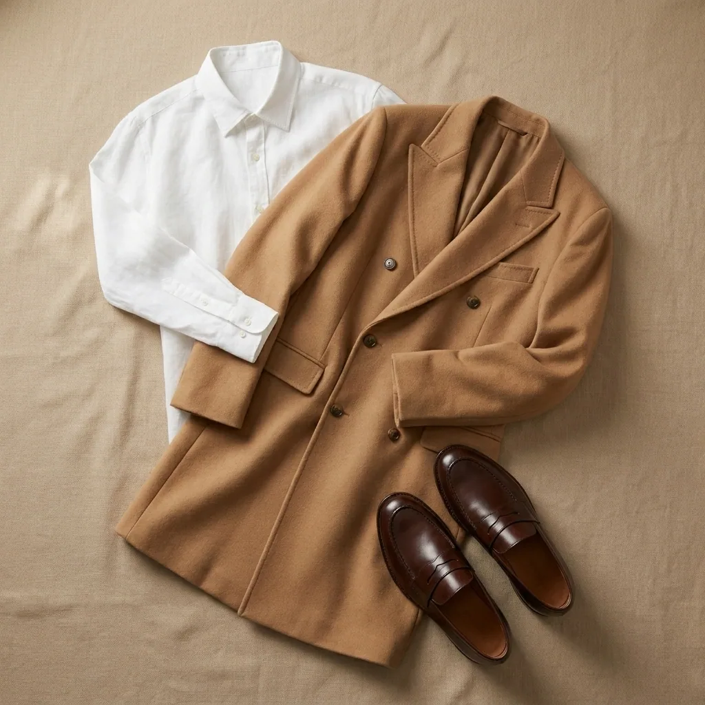 A white shirt, a camel coat and brown loafers on a tan ground, in one colour range