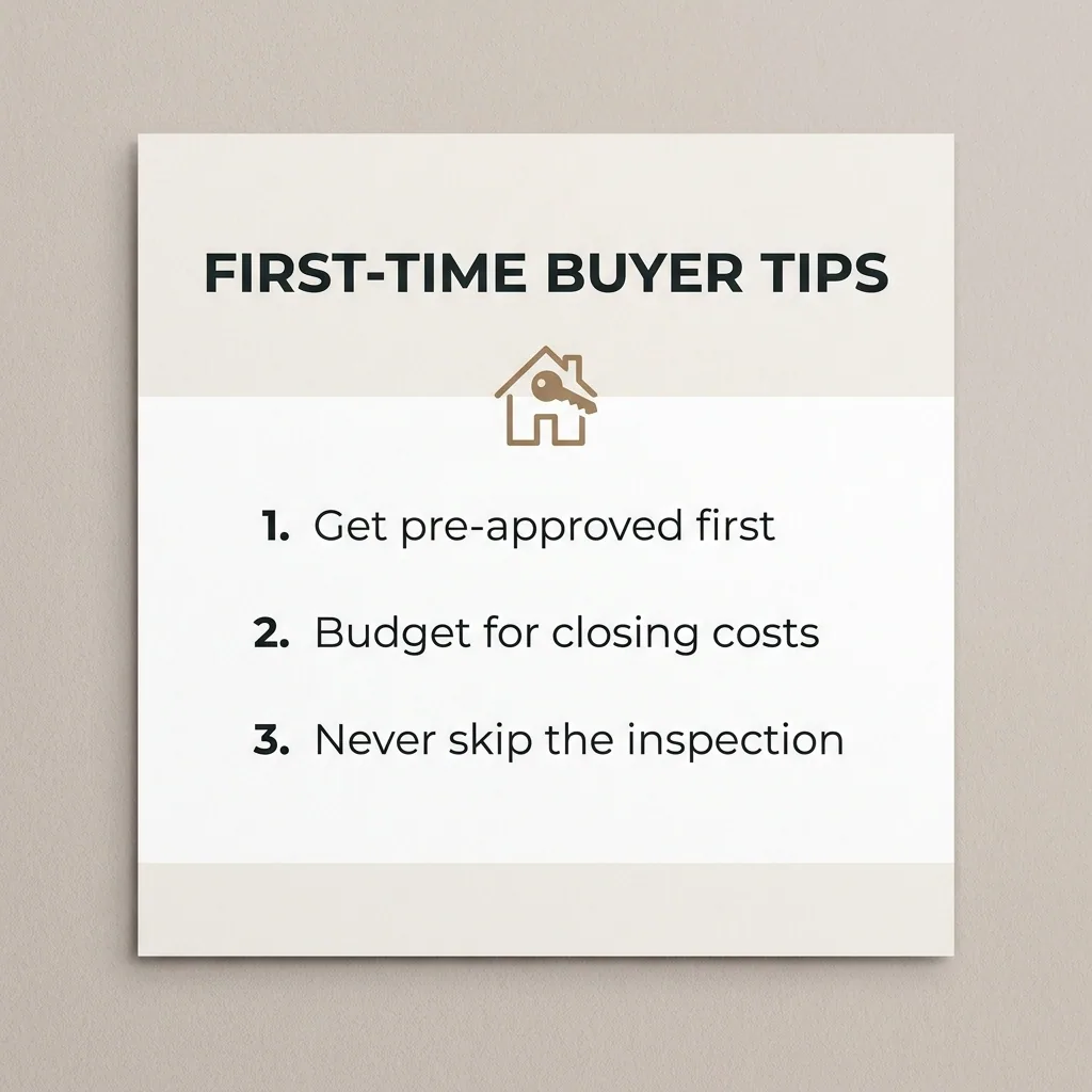A tips card for first-time buyers with three numbered lines