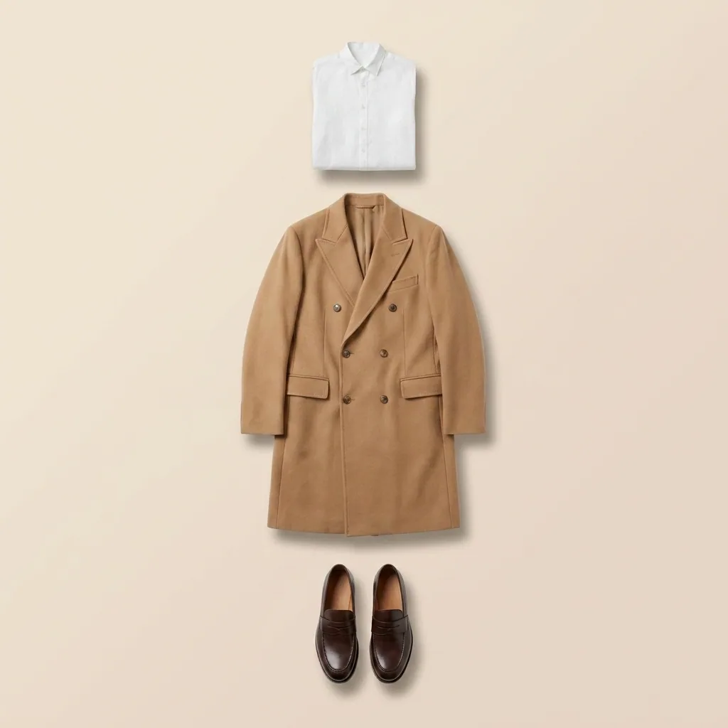 A white shirt, a camel coat and brown loafers spaced apart on a plain cream ground