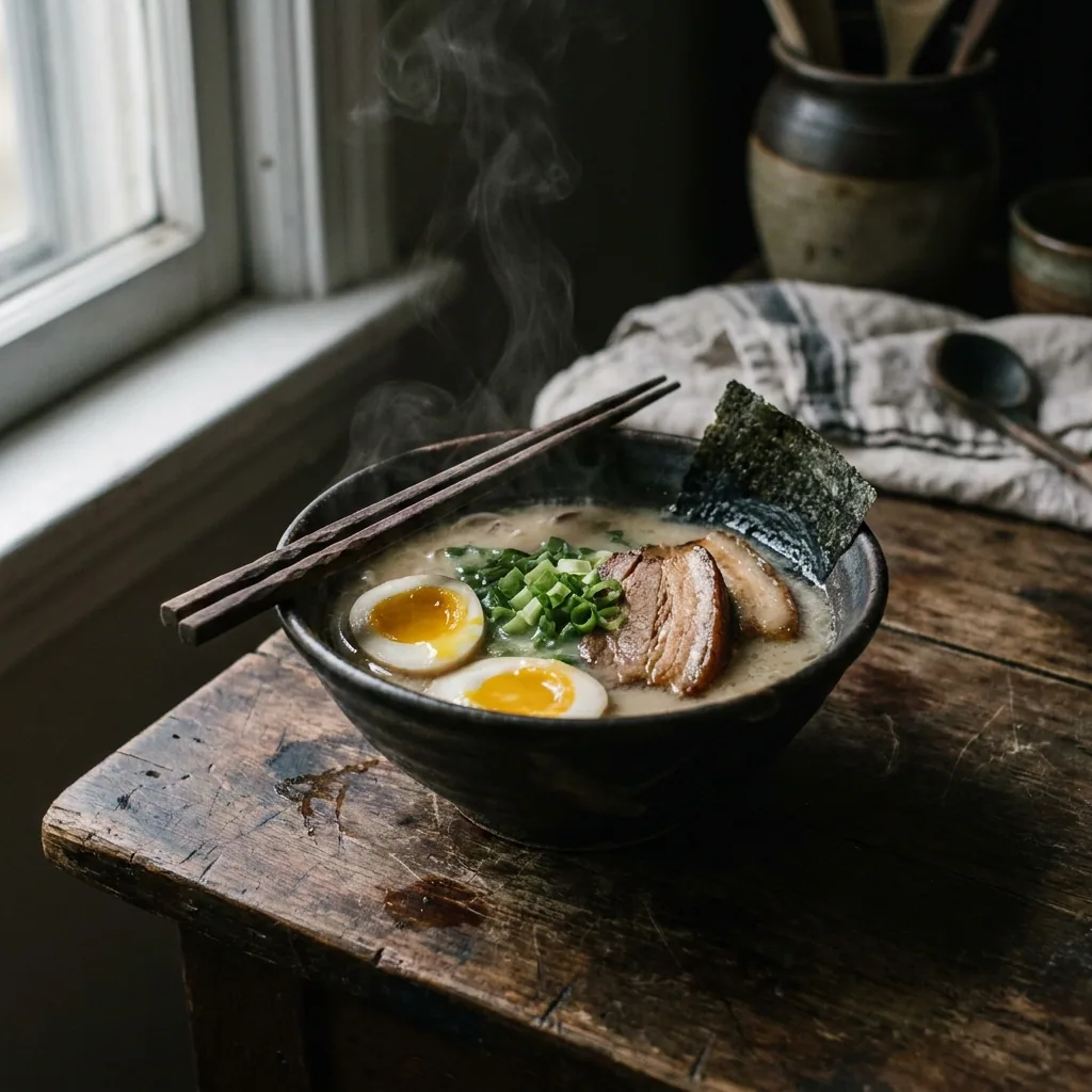 A bowl of ramen on a wooden table by a window, photographed on a changed background