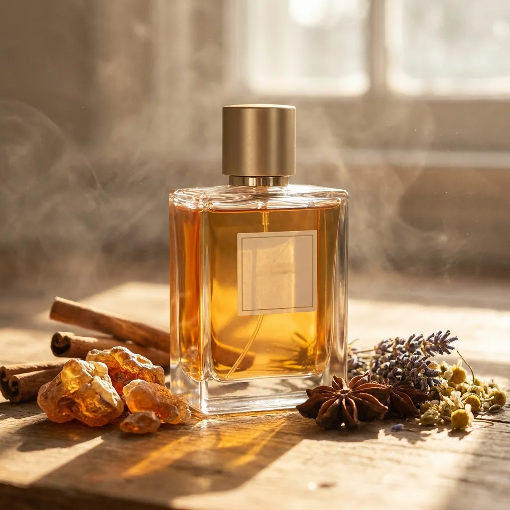 An amber perfume bottle in warm light, a result ready to download