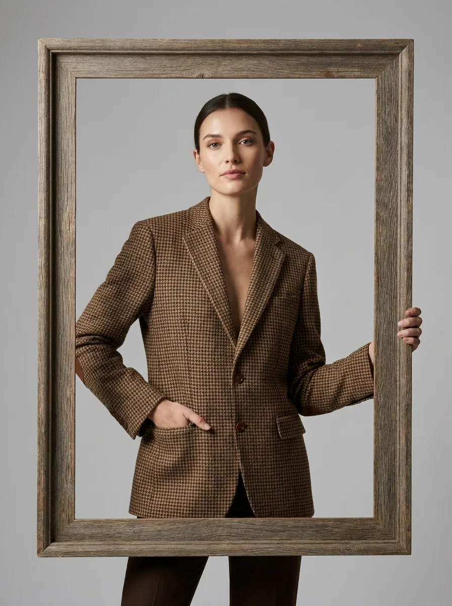 A brown checked blazer on a model holding a wooden picture frame