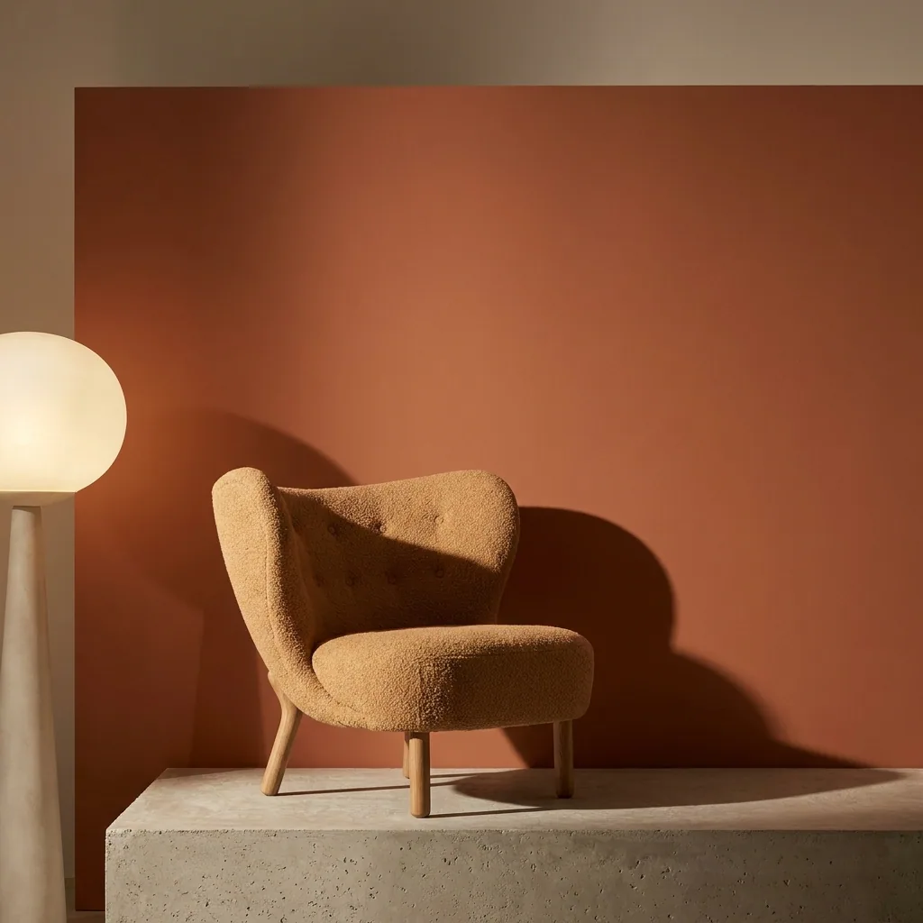 A boucle armchair raised on a stone plinth against a terracotta wall